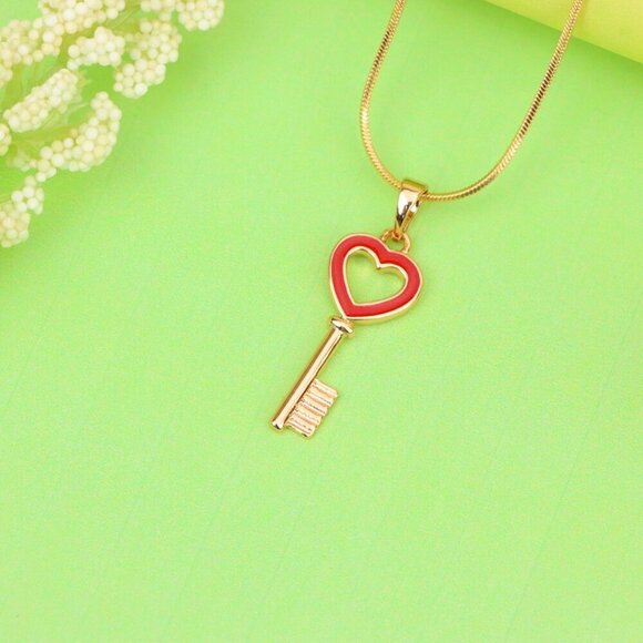 "Heart-Shaped Key Design Rose Gold Pendant with Red Enamel Accent, XPPT1280 - Picture 2 of 12